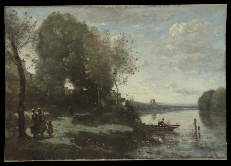 Rivière avec une tour au loin - Camille Corot
