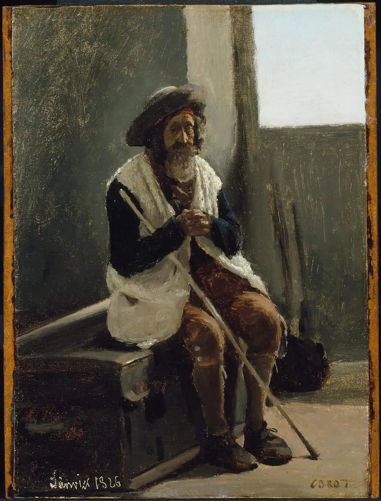 Rome, vieillard assis sur une malle appartenant à Corot - Jean-Baptiste Camille Corot image 1 reproduction artisanale de tableau