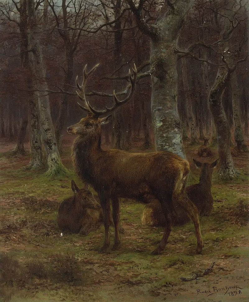 Cerf et biches dans la forêt, automne - Rosa Bonheur