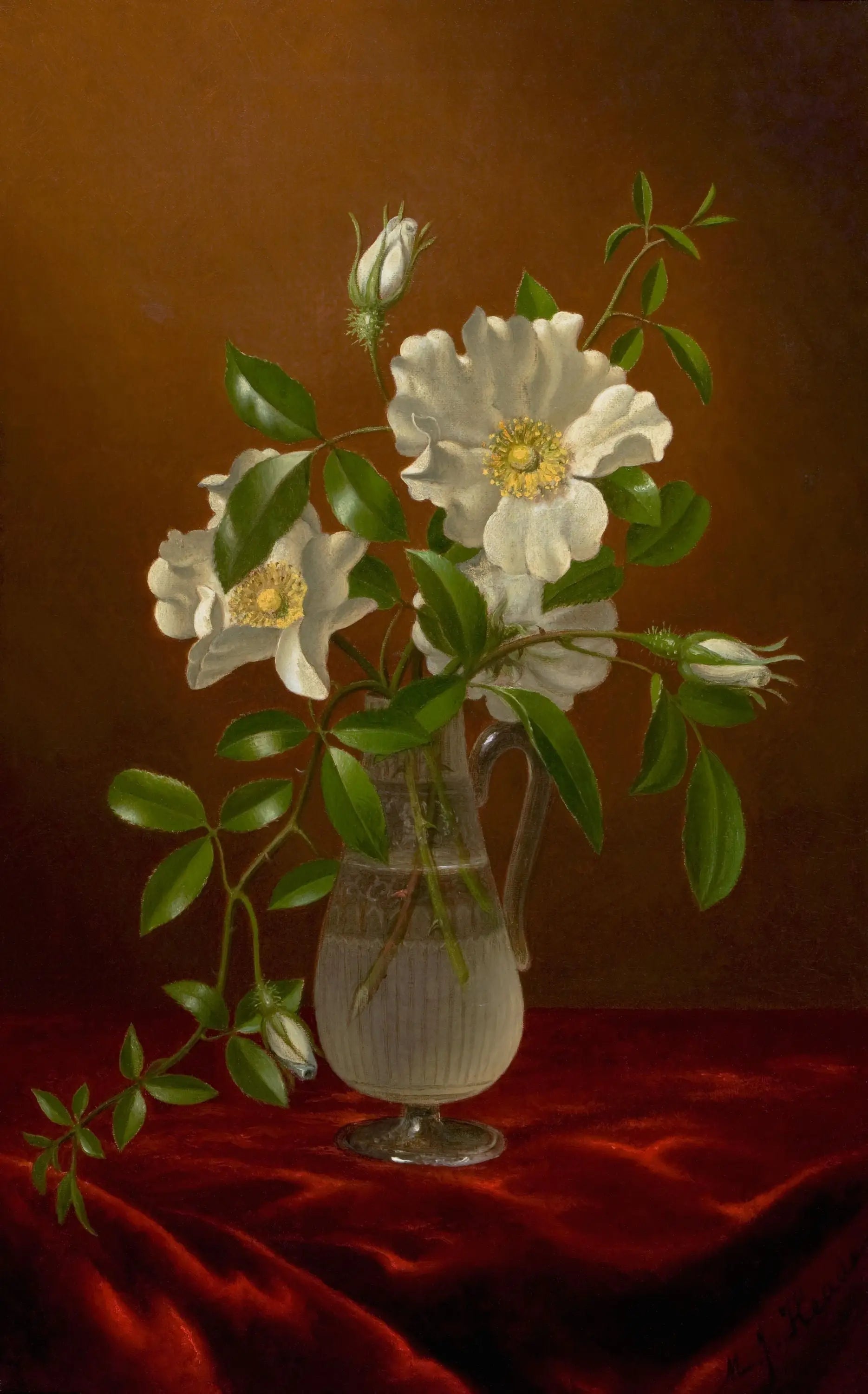 Roses Cherokee dans un vase en verre - Martin Johnson Heade image 1 copie peinte à la main à l’huile
