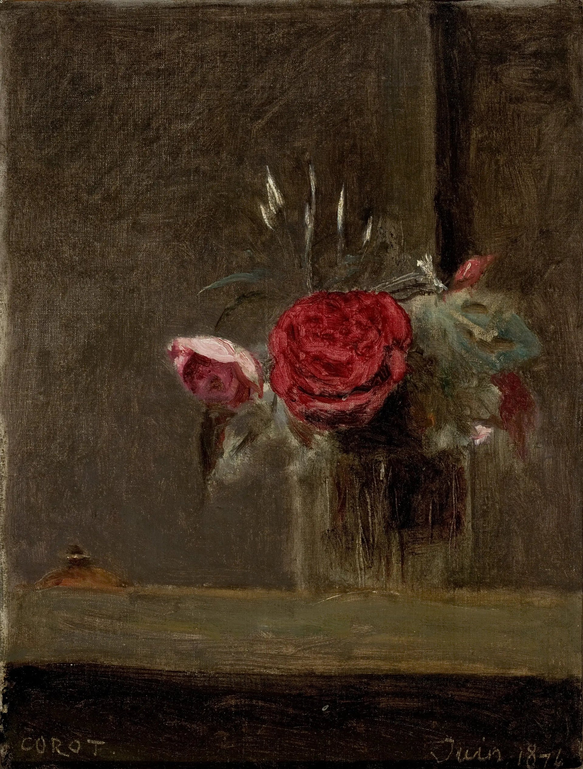 Roses dans un verre - Jean-Baptiste Camille Corot image 1 copie peinte à la main à l’huile