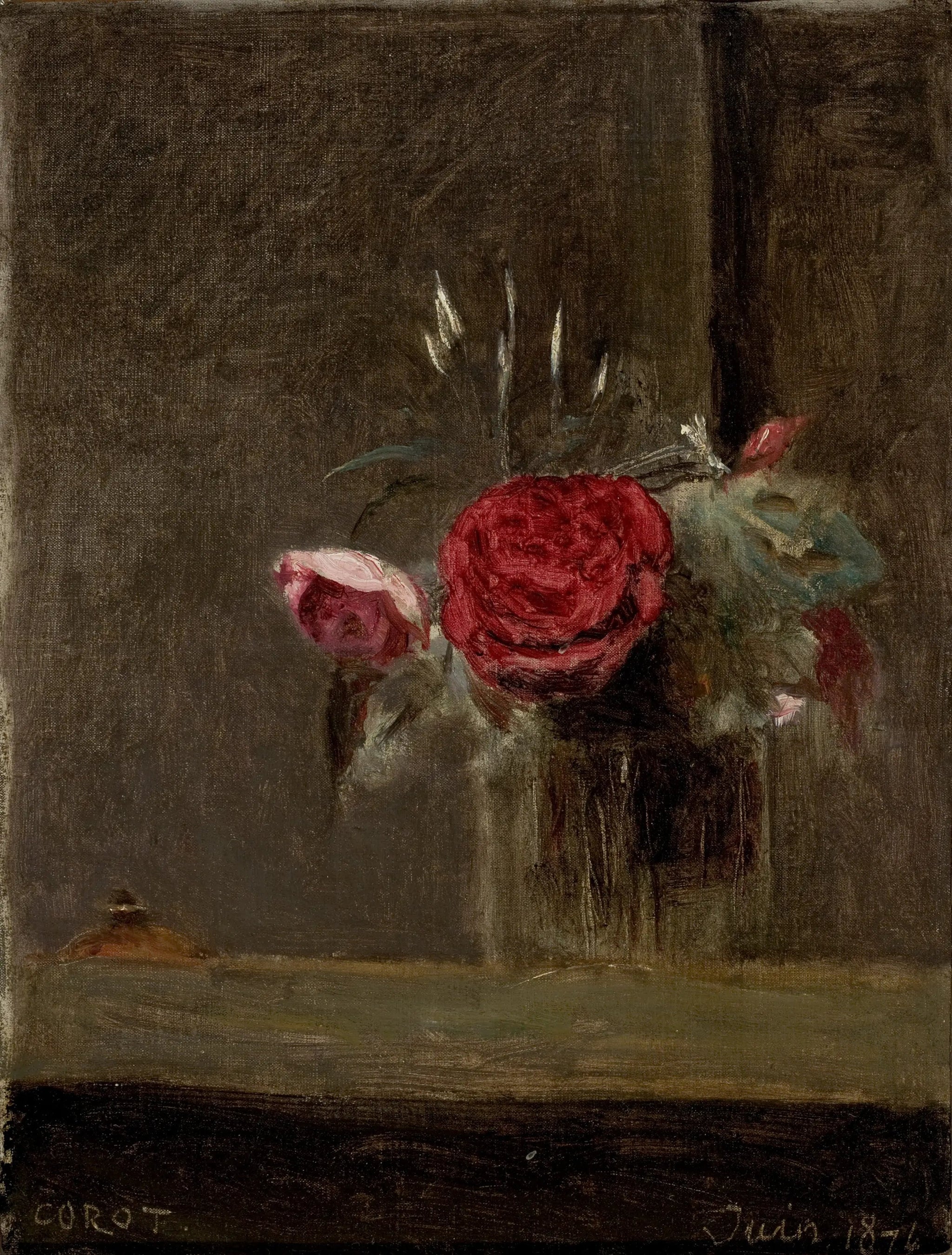 Roses dans un verre - Jean-Baptiste Camille Corot image 1 copie peinte à la main à l’huile
