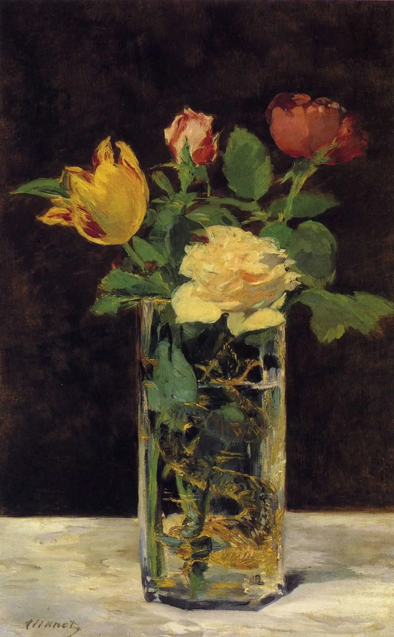 Roses et tulipes dans un vase - Édouard Manet image 1 reproduction artisanale de tableau