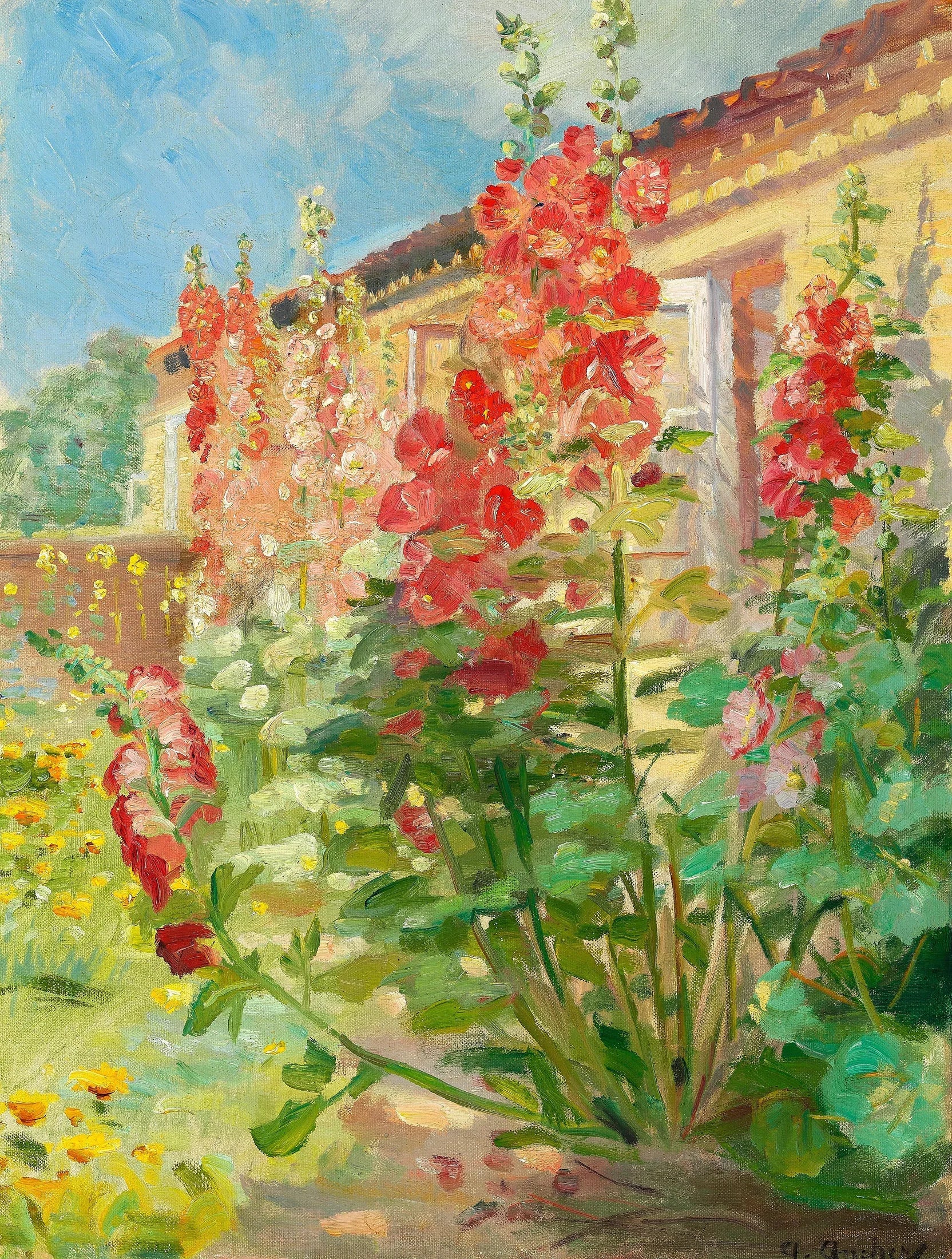 Roses trémières rouges dans le jardin de la famille Ancher à Markvej à Skagen. - Anna Ancher image 1 reproduction réalisée par Alpha Reproduction