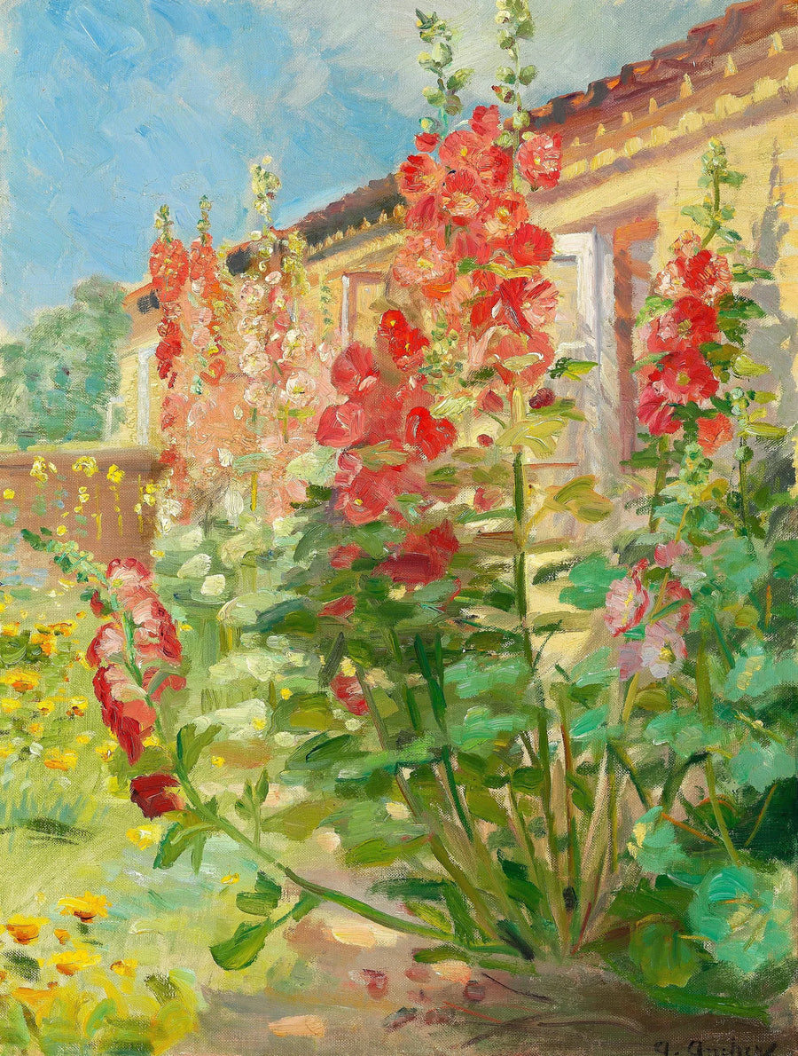Roses trémières rouges dans le jardin de la famille Ancher à Markvej à Skagen. - Anna Ancher