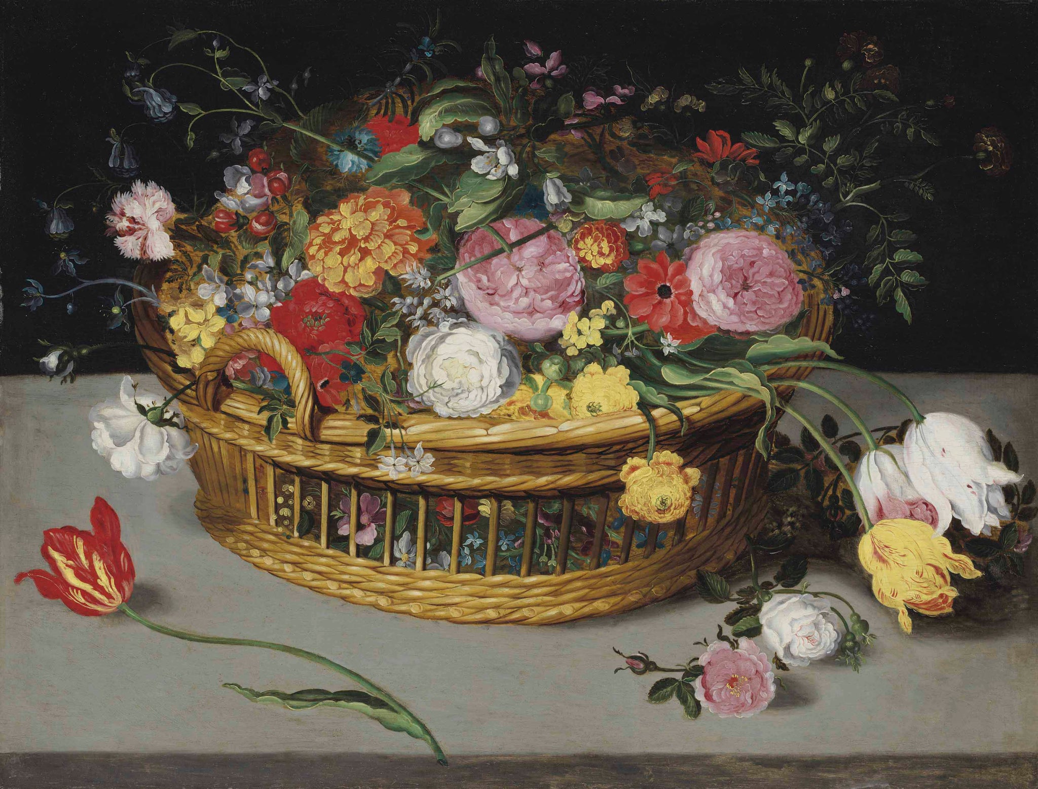 Roses, tulipes, jacinthes des bois et œillets dans un panier en osier posé sur un rebord de pierre. - Jan Brueghel le Jeune image 1 tableau peint à l’huile sur toile