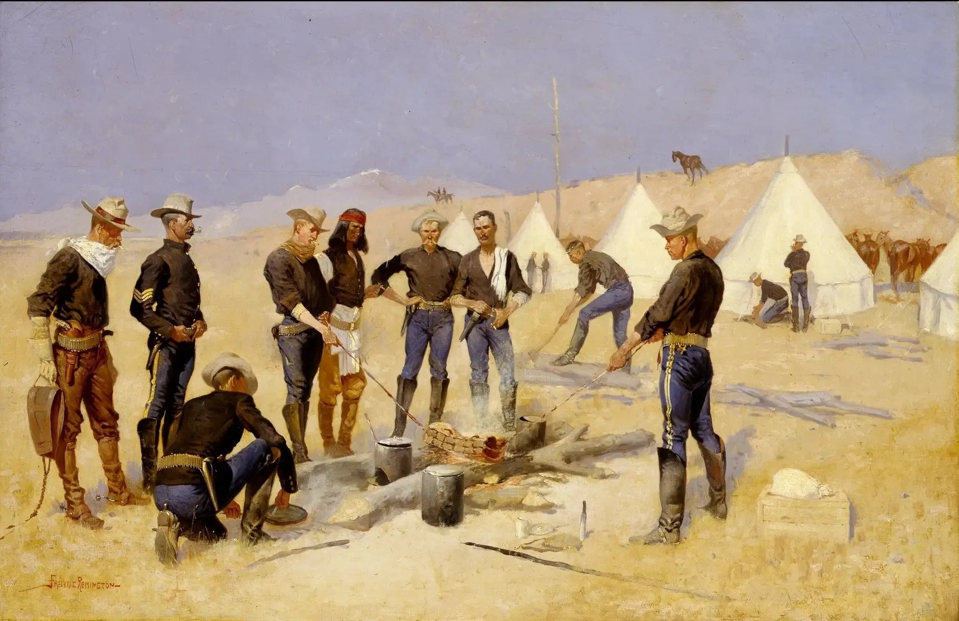 Rôtir le bœuf de Noël dans un camp de cavalerie - Frederic Remington image 1 copie de tableau peinte à la main