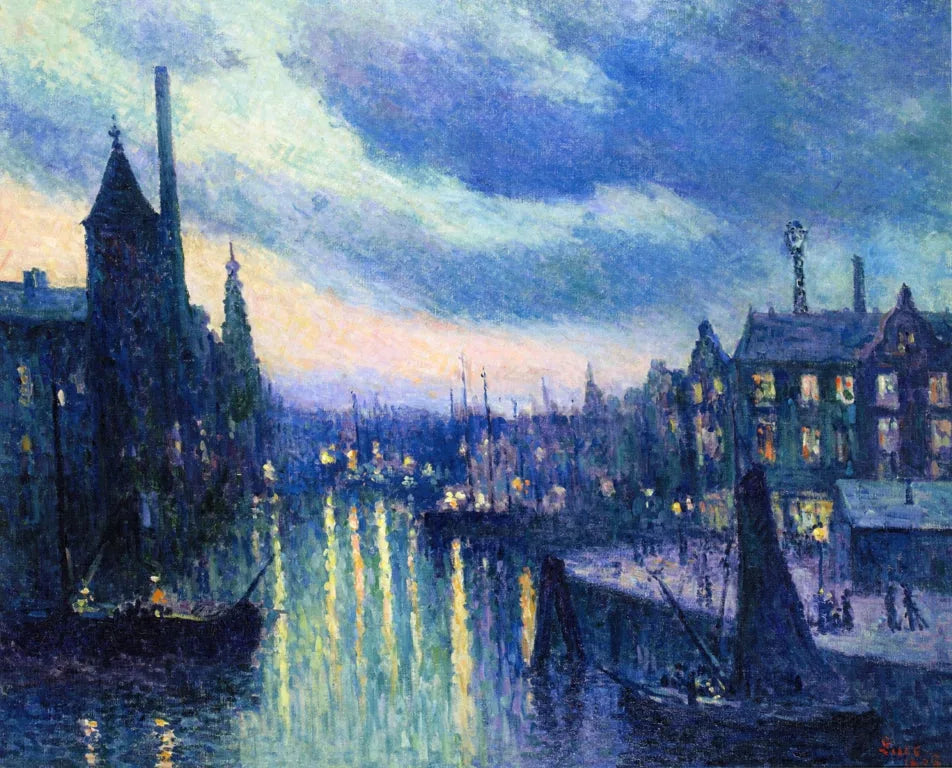 Rotterdam, effet de nuit (La Schie) - Maximilien Luce image 1 copie peinte à la main à l’huile