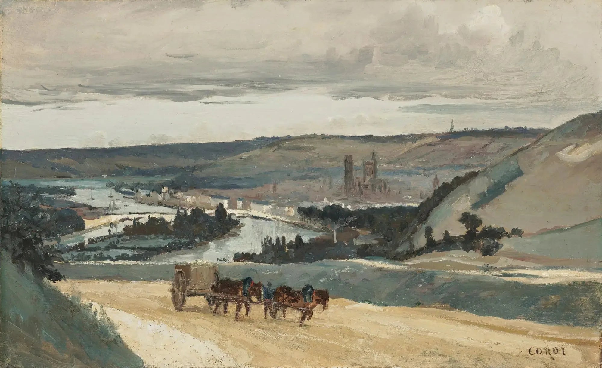 Rouen, vue des collines dominant la ville - Jean-Baptiste Camille Corot image 1 copie peinte à la main à l’huile
