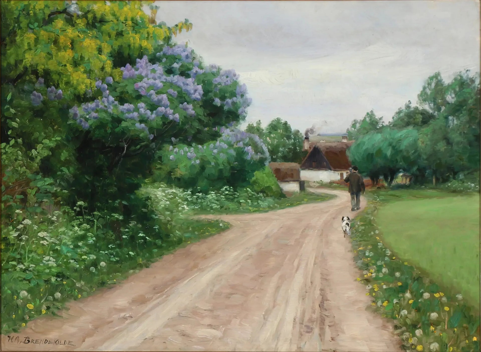 Route de campagne avec des lilas en fleurs et des pluies dorées - H. A. Brendekilde image 1 copie de tableau peinte à la main