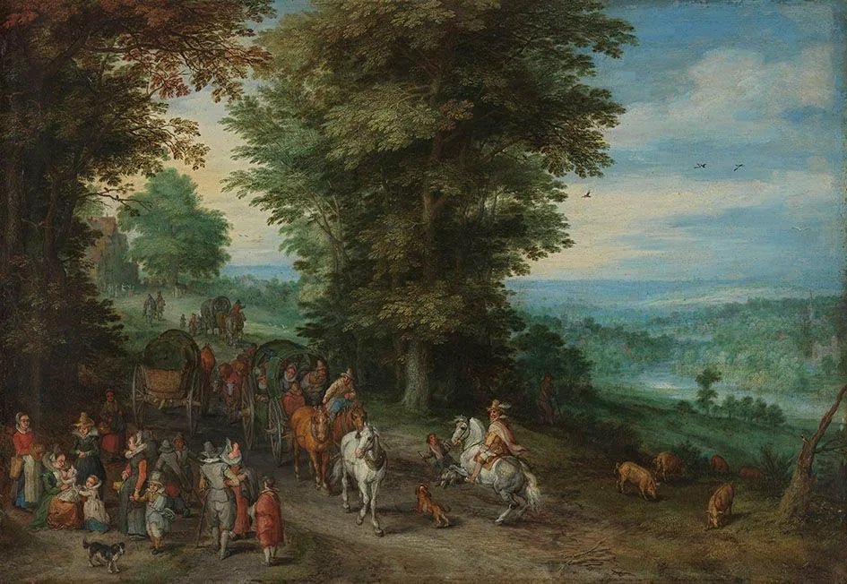 Route de campagne avec des voyageurs élégants, dont une mère allaitante - Jan Brueghel l'Ancien image 1 copie peinte à la main à l’huile