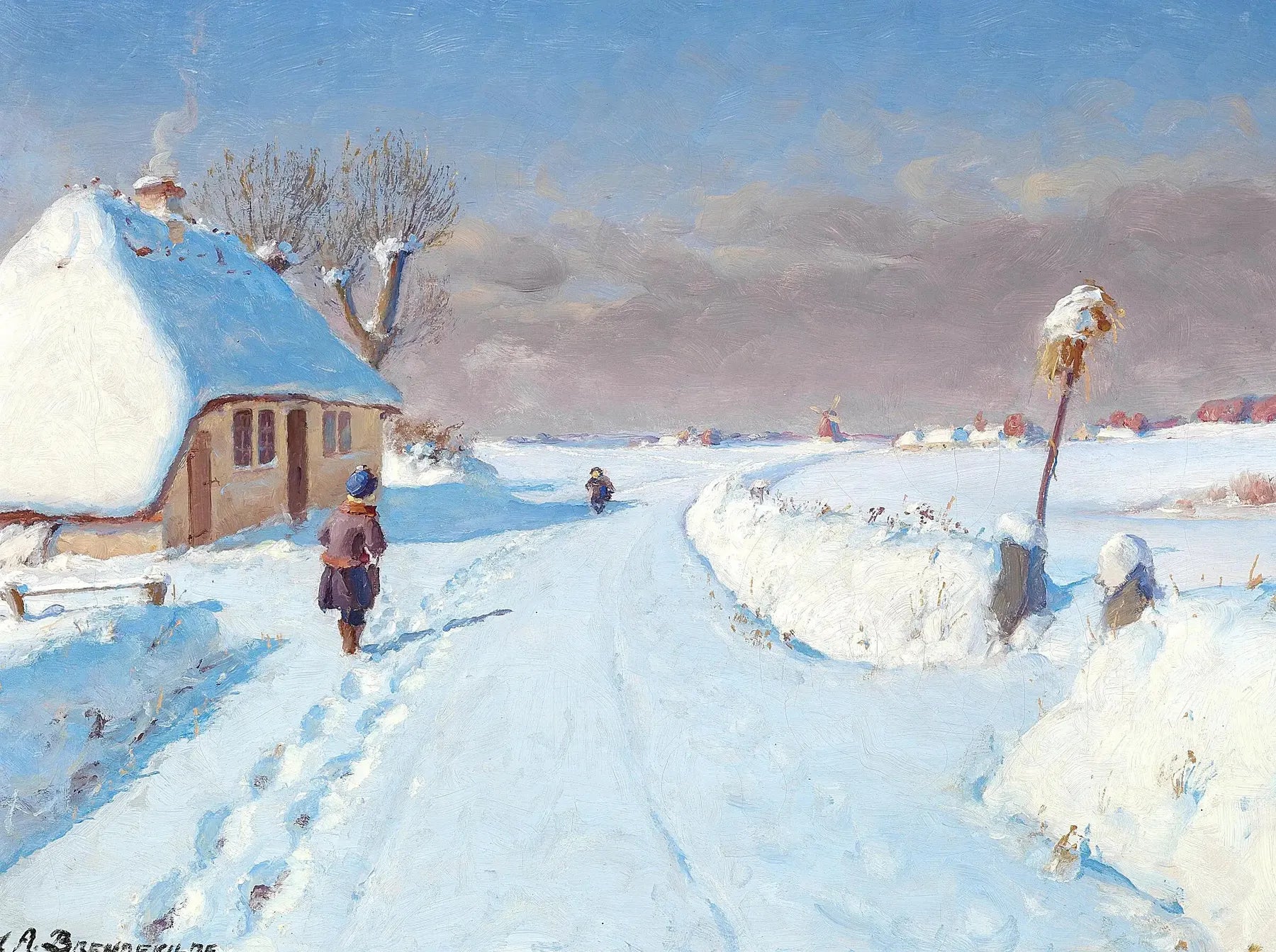 Route ensoleillée à la lisière d'un village, hiver (32 x 42 cm). - H. A. Brendekilde image 1 tableau peint à l’huile sur toile