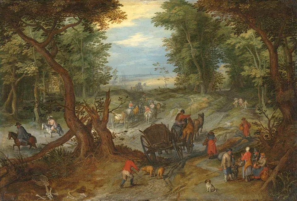 Route forestière longeant un étang guéable fréquenté par des voyageurs - Jan Brueghel l'Ancien image 1 copie peinte à la main à l’huile