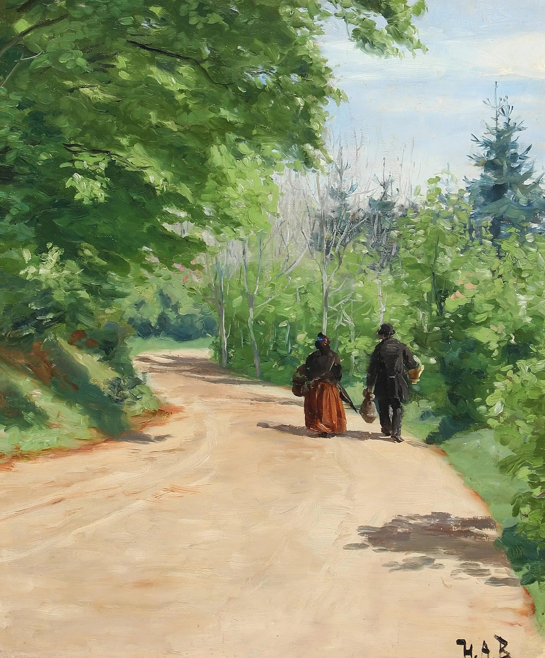 Route forestière printanière avec un couple en marche. - H. A. Brendekilde image 1 reproduction réalisée par Alpha Reproduction