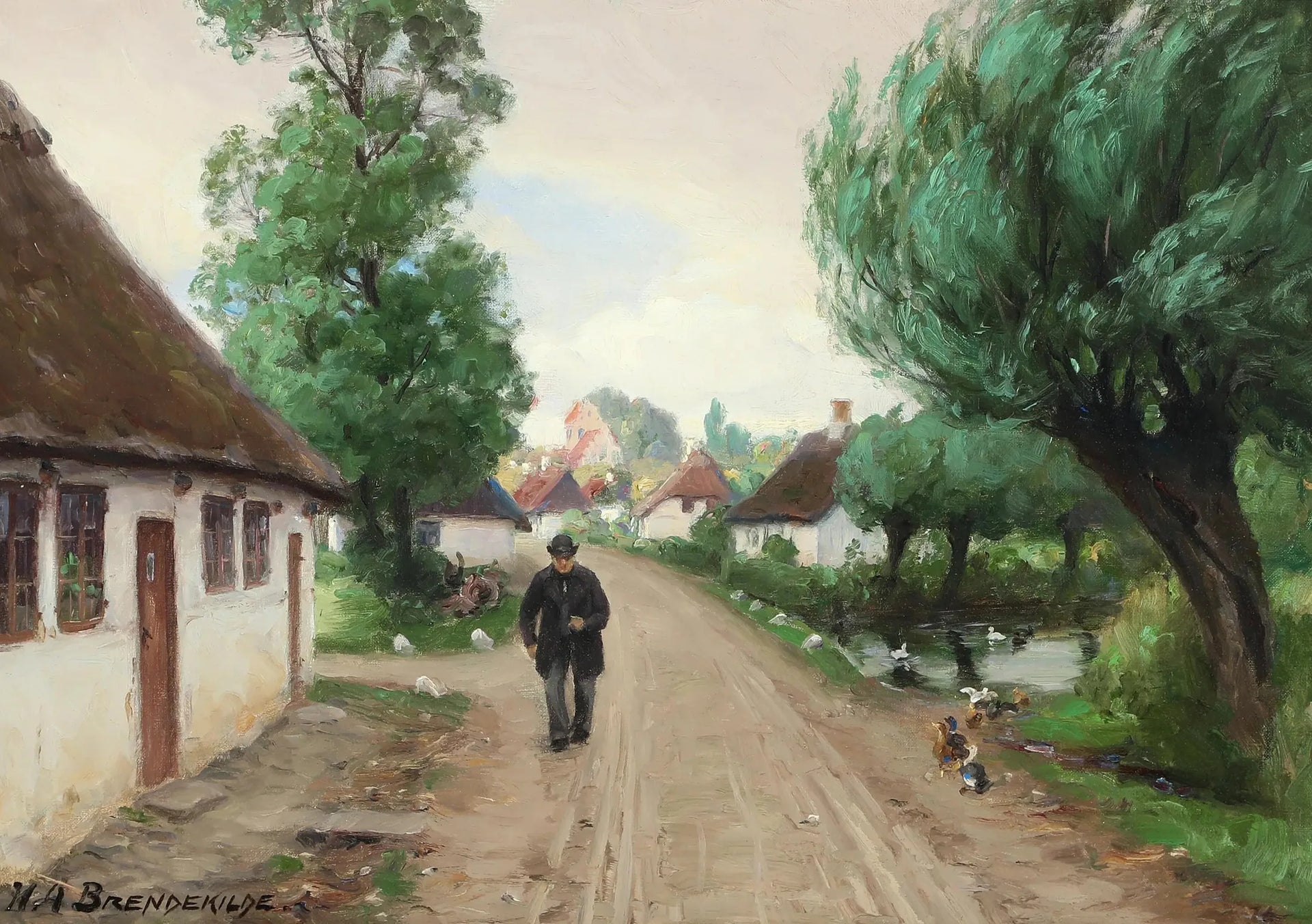 Rue du village avec homme et canards au bord de l'étang. - H. A. Brendekilde image 1 reproduction de peinture à l’huile
