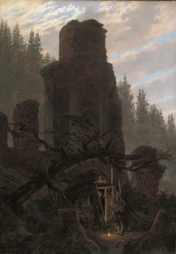 Ruines au crépuscule (Ruine de l'église dans la forêt) - Caspar David Friedrich