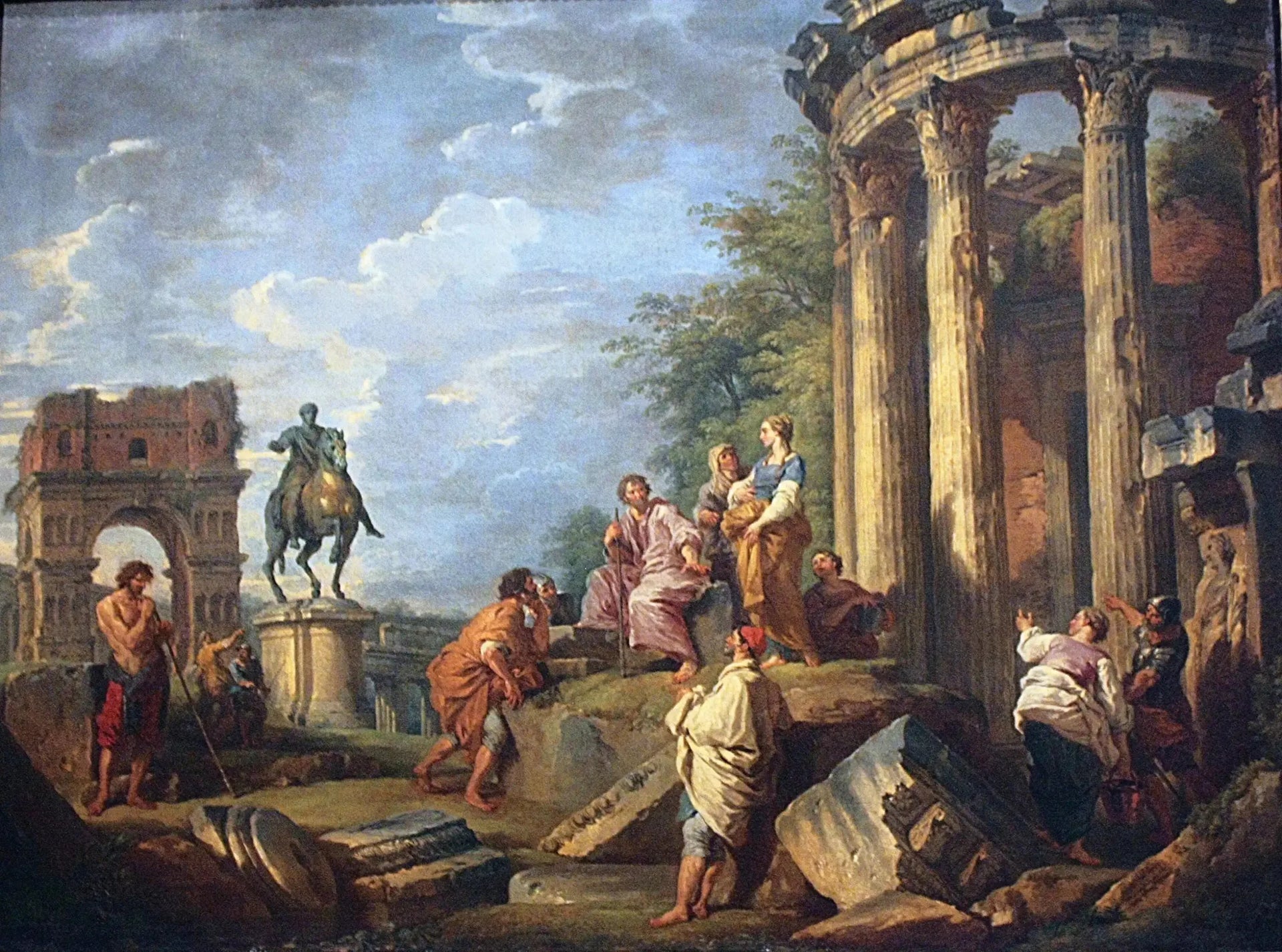 Ruines d'architecture avec l'arc de Janus, le temple de Vesta et la statue équestre de Marc-Aurèle - Giovanni Paolo Panini image 1 tableau peint à l’huile sur toile