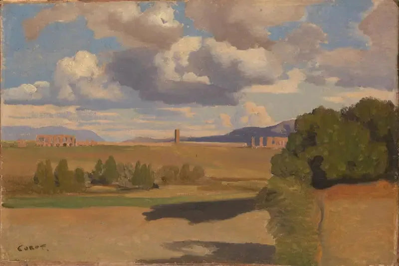 Ruines dans la campagne romaine, avec aqueduc Claudien - Jean-Baptiste Camille Corot image 1 reproduction de peinture à l’huile