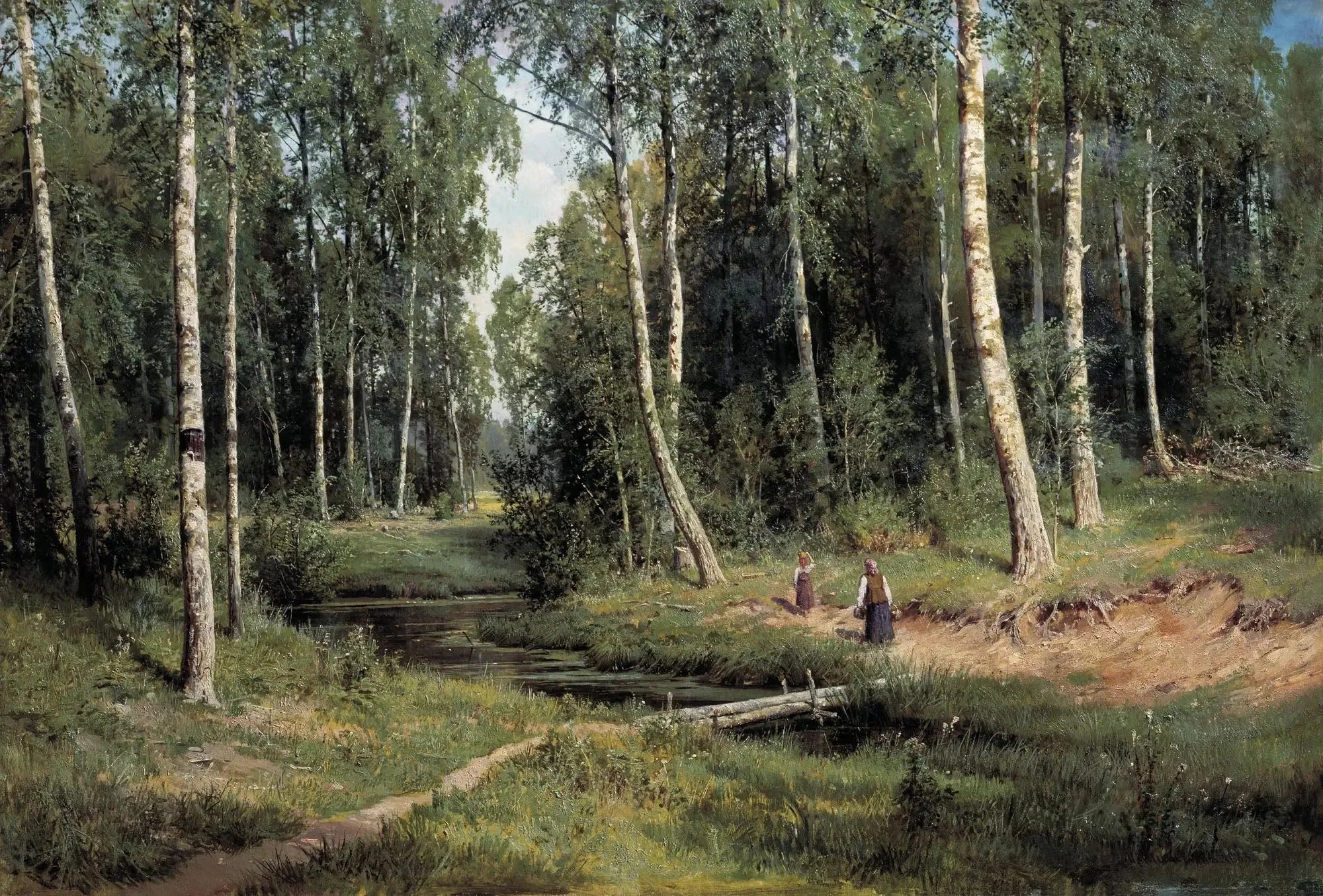Ruisseau dans une forêt de bouleaux - Ivan Chichkine image 1 copie peinte à la main à l’huile