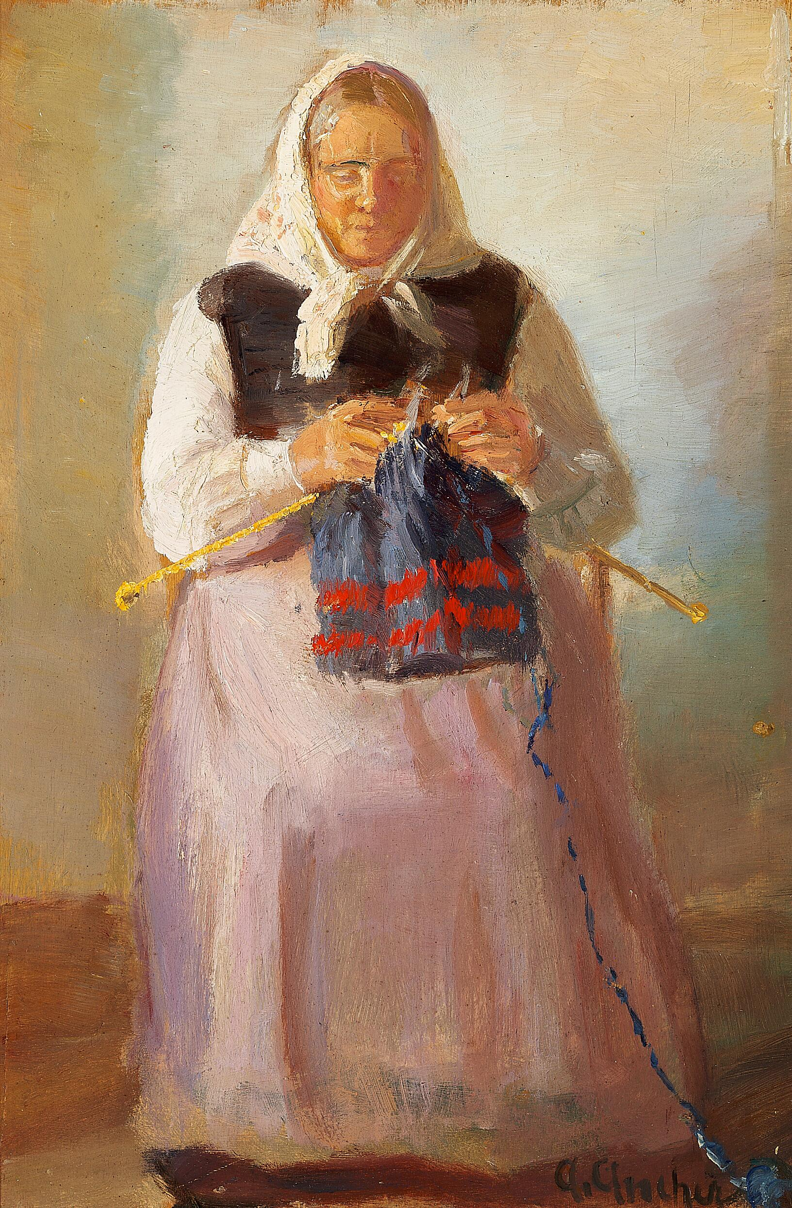 Sørine Møller tricotant, Skagen. - Anna Ancher image 1 copie de tableau peinte à la main
