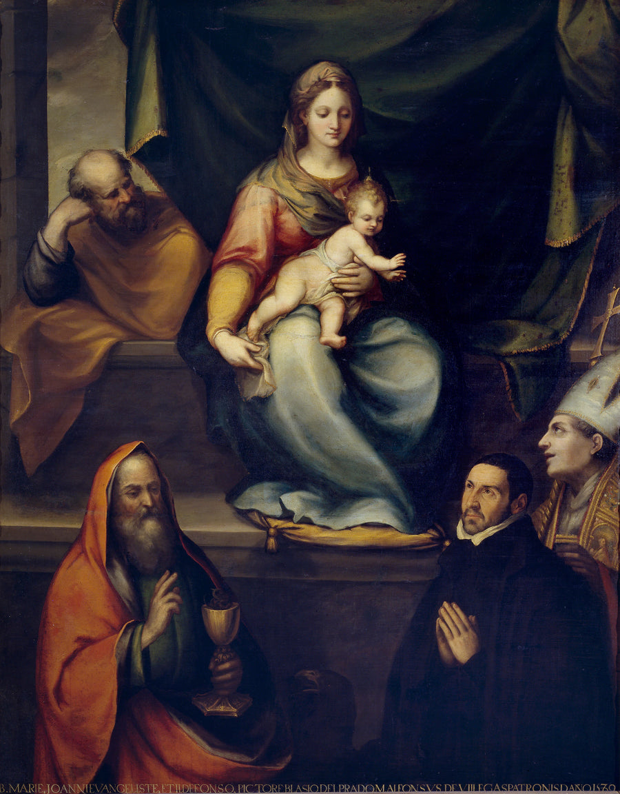La Sagrada Familia, san Ildefonso, san Juan Evangelista y el maestro Alonso de Villegas - Blas de Prado