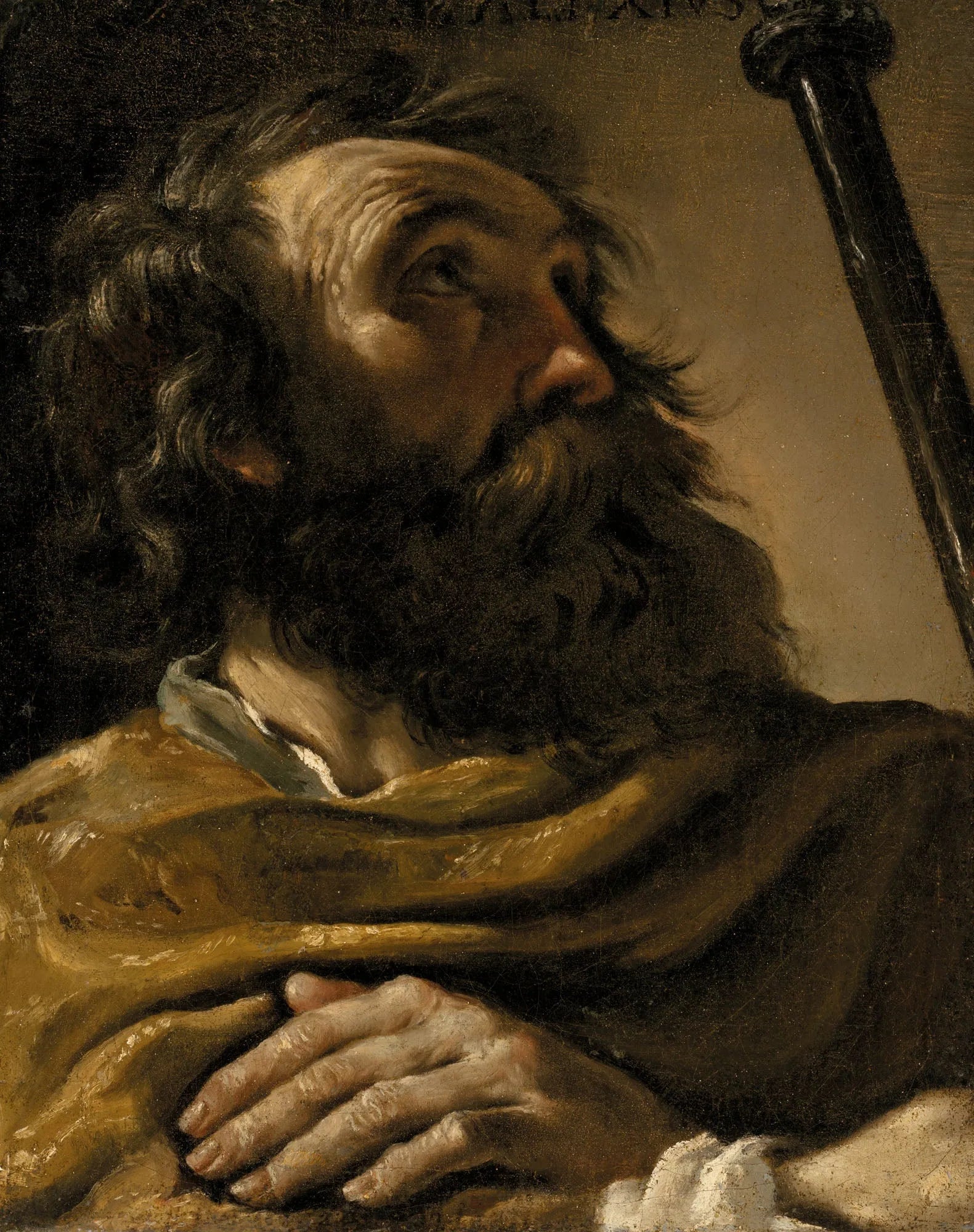 Saint Alexis dans un manteau marron, tenant un bâton - Guercino image 1 tableau peint à l’huile sur toile