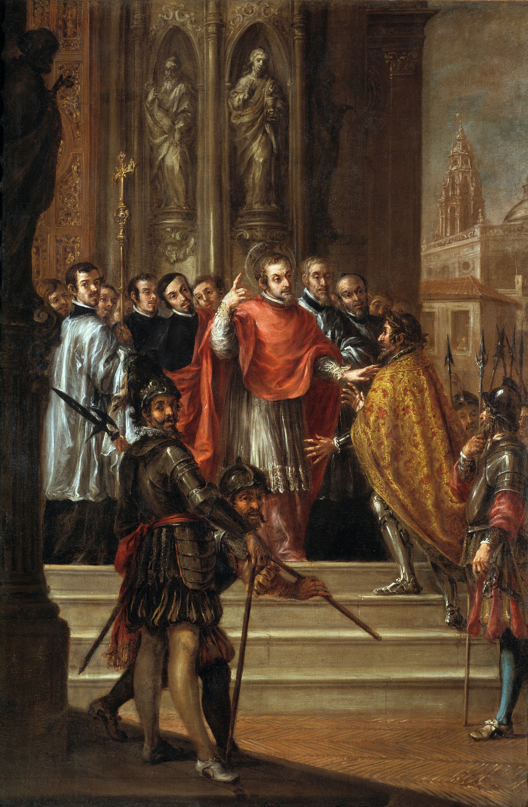 Saint Ambroise absolvant l'empereur Théodose - Juan de Valdés Leal image 1 copie peinte à la main à l’huile