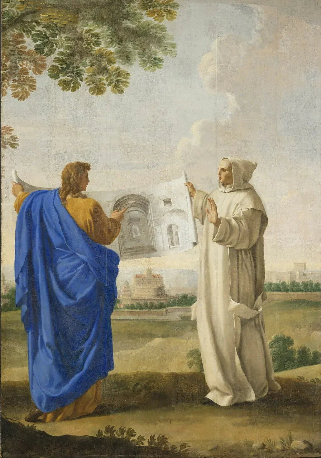 Saint Bruno examine un dessin des thermes de Dioclétin, emplacement de la future chartreuse de Rome - Eustache Le Sueur image 1 copie peinte à la main à l’huile