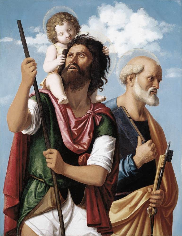 Saint Christophe avec l'Enfant Jésus et saint Pierre - Cima da Conegliano image 1 reproduction de peinture à l’huile