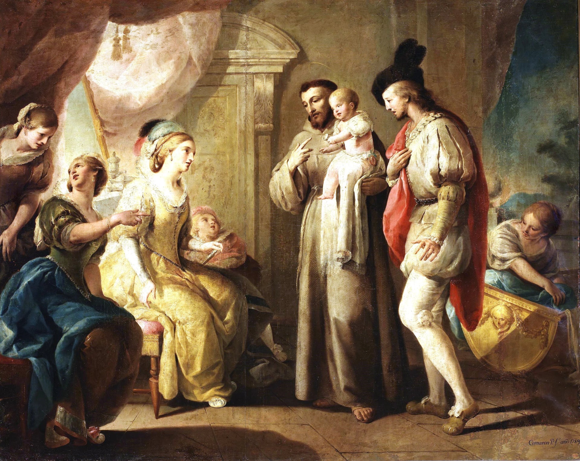 Saint François avec un enfant dans les bras devant trois dames - José Camarón Boronat