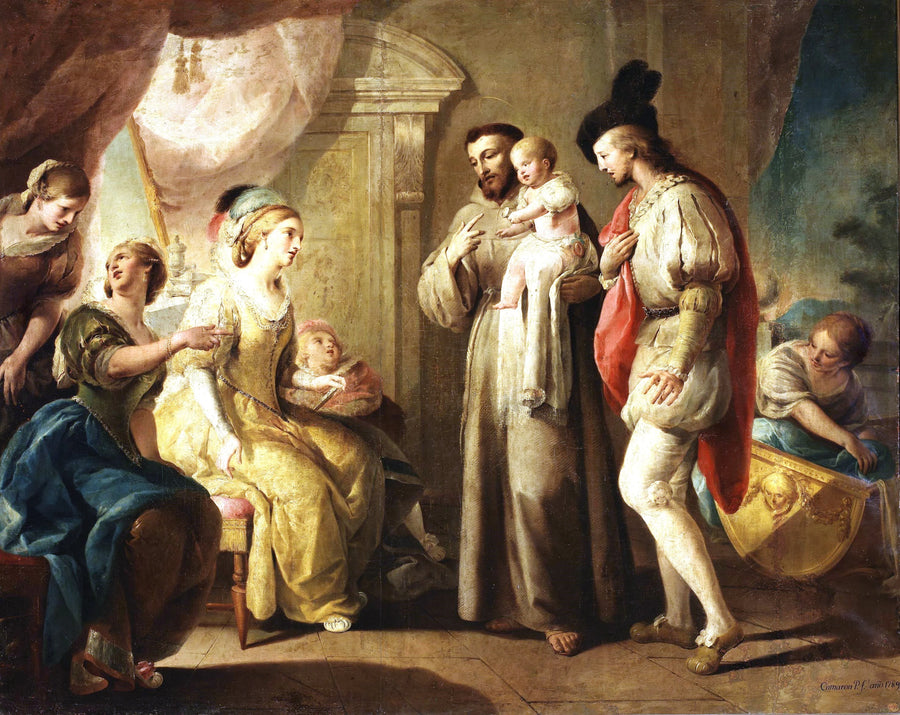 Saint François avec un enfant dans les bras devant trois dames - José Camarón Boronat
