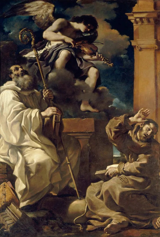 Saint François en extase avec saint Benoît et un ange musicien - Guercino image 1 copie de tableau peinte à la main