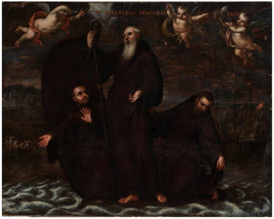 Saint François de Paule et ses deux compagnons traversent le détroit de Messine sur son manteau - José García Hidalgo