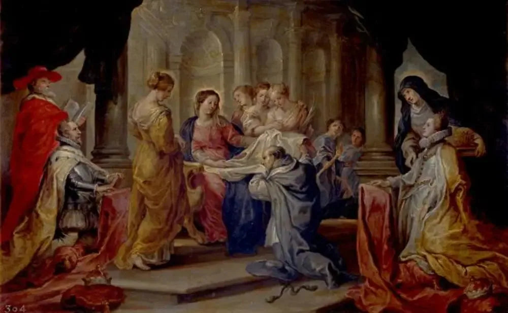 Saint Ildefonse recevant la chasuble de la Vierge, en présence de l'archiduc Albert et de l'infante Isabelle - Peter Paul Rubens image 1 copie peinte à la main à l’huile