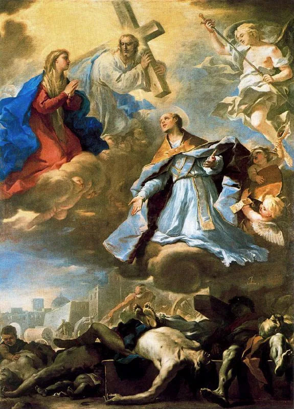 Saint Janvier intercède auprès de la Vierge, du Christ et du Père Éternel pour la peste. - Luca Giordano image 1 copie peinte à la main à l’huile