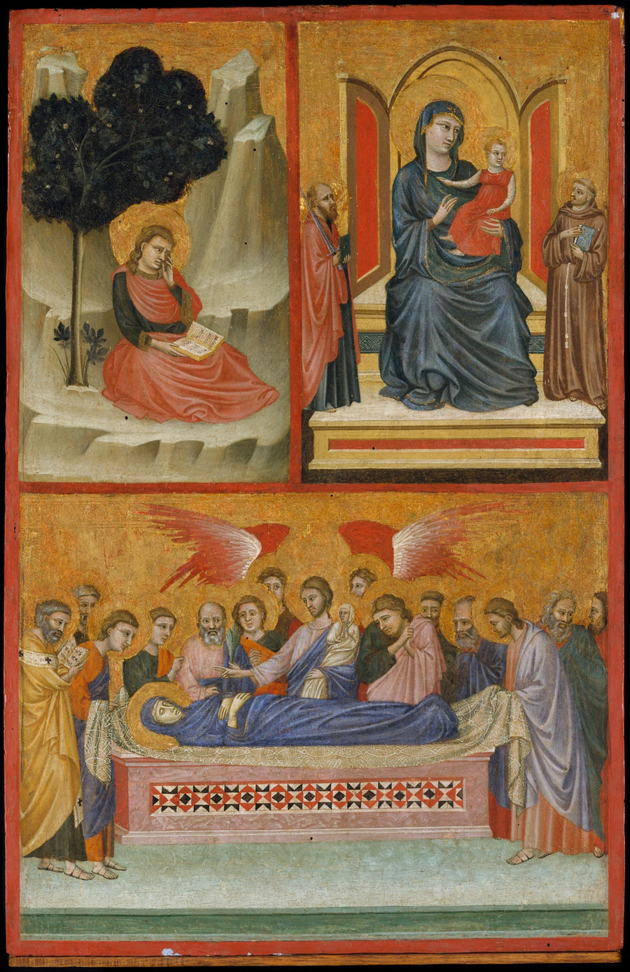 Saint Jean sur Patmos, Madone et l'enfant intronisés, et la mort de la Vierge; Je suis le Père et le Fils. - Pacino di Bonaguida