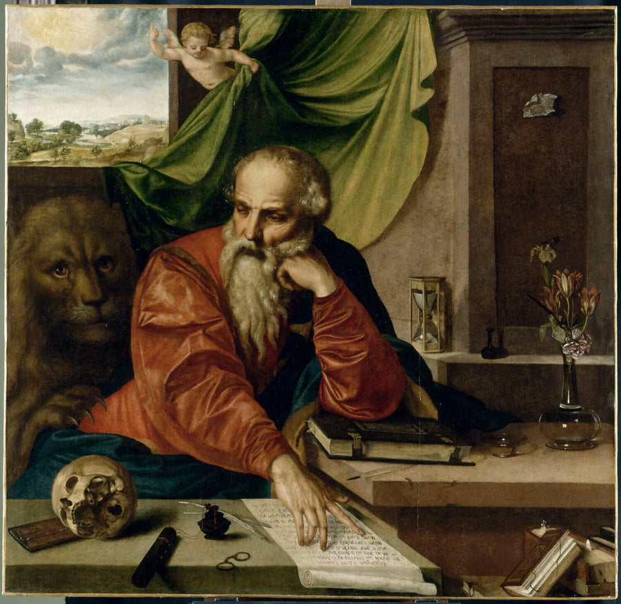 Saint Jérôme en méditation, avec son lion, tête de mort, livres, vase de fleurs et sablier - Georg Pencz
