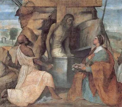 Saint Jérôme et Saint Dorothée adorent le Christ dans le tombeau - Alessandro Bonvicino image 1 reproduction artisanale de tableau
