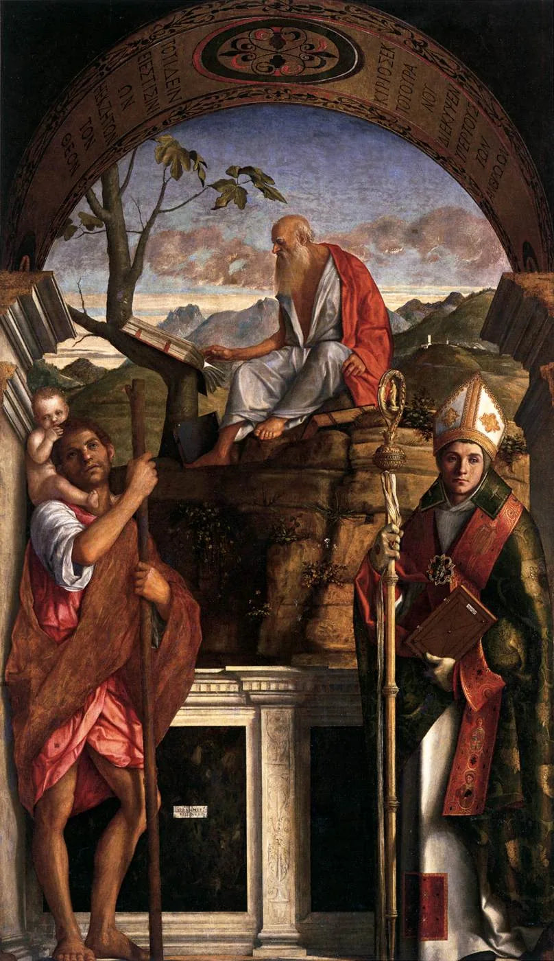 Saint Jérôme lisant avec saint Christophe et saint Louis de Toulouse - Giovanni Bellini image 1 reproduction artisanale de tableau