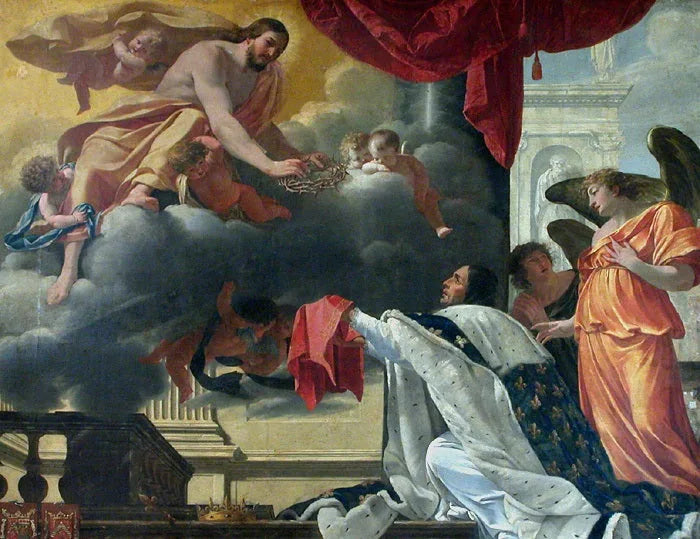 Saint Louis recevant la couronne d'épines des mains du Christ apparaissant à lui - Simon Vouet image 1 reproduction artisanale de tableau