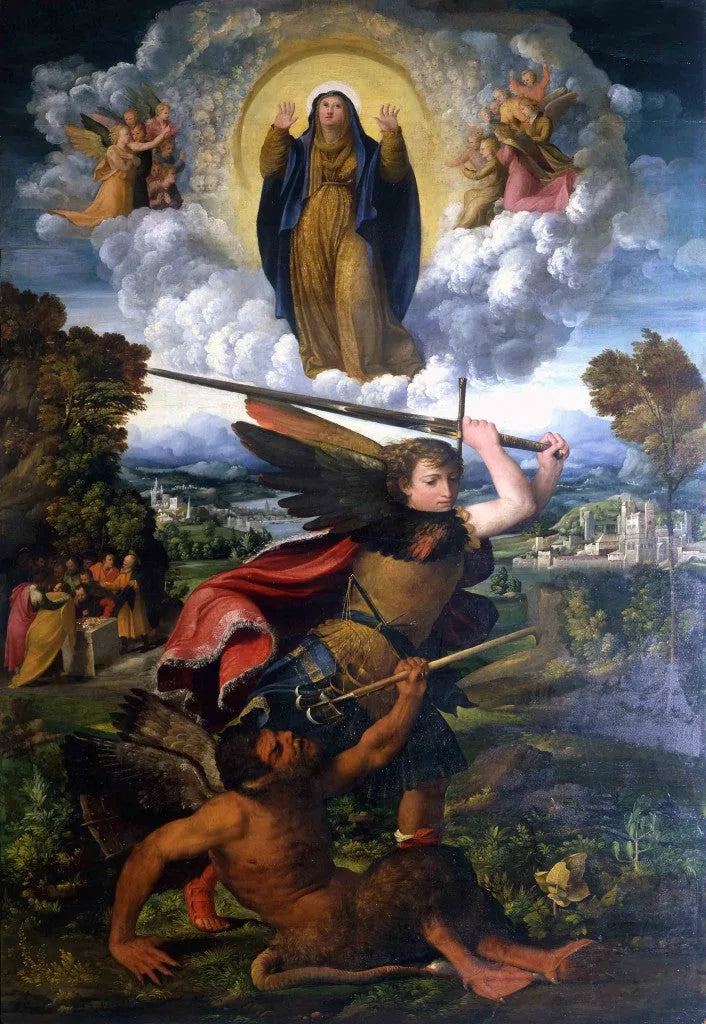 Saint Michel Archange combattant le démon et l'Assomption - Dosso Dossi image 1 reproduction de peinture à l’huile