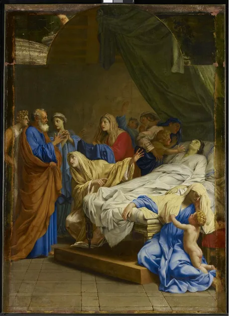 Saint Pierre ressuscite la veuve Tabitha - Eustache Le Sueur image 1 copie peinte à la main à l’huile