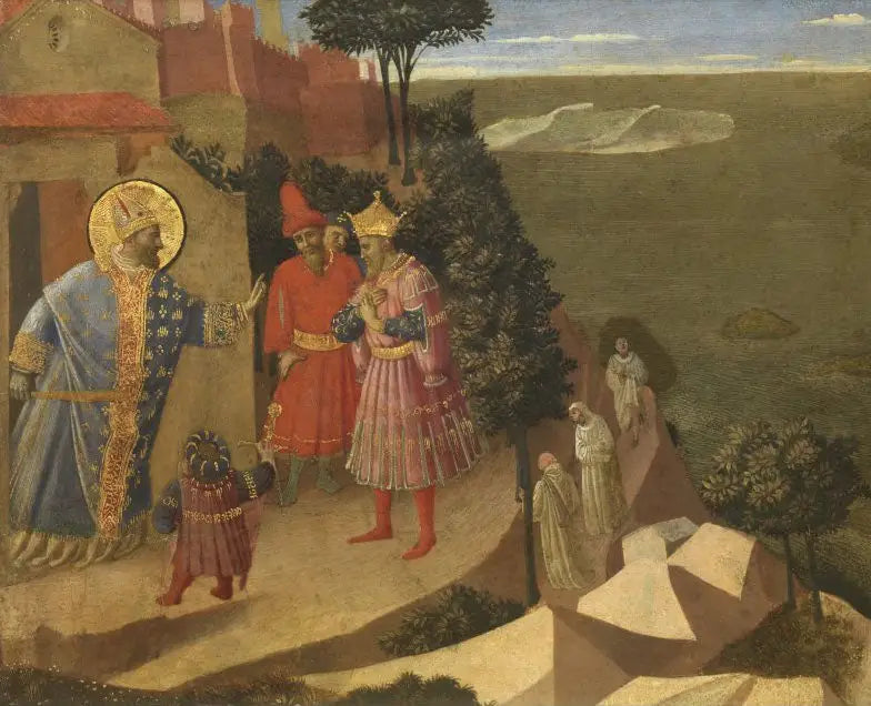 Saint Romuald interdit l'entrée du couvent à l'empereur Otton III, extrait d'un panneau découpé représentant des scènes de la Thébaïde - Fra Angelico image 1 copie peinte à la main à l’huile