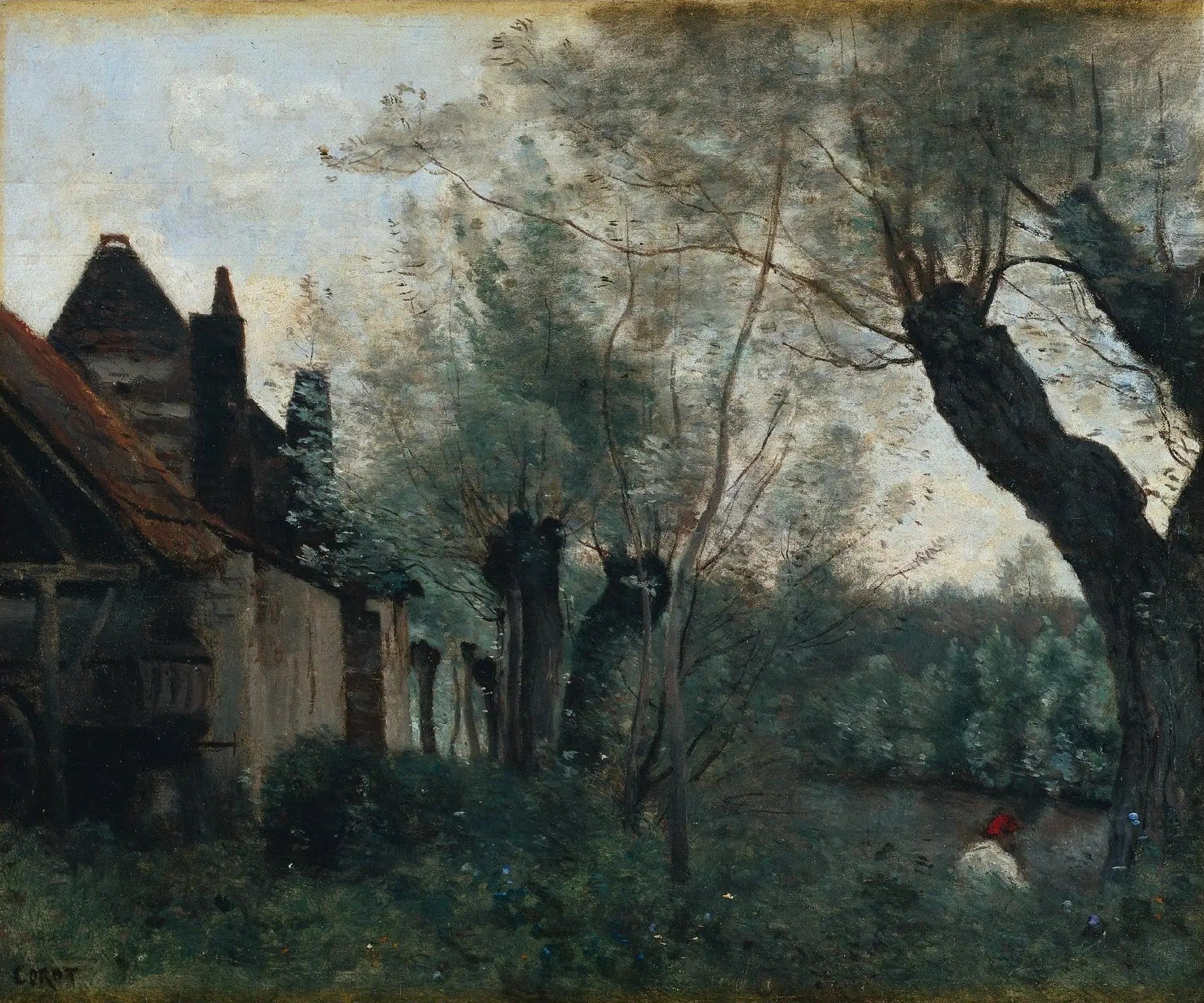 Sainte-Catherine-lez-Arras, saules et chaumières - Jean-Baptiste Camille Corot image 1 reproduction de peinture à l’huile