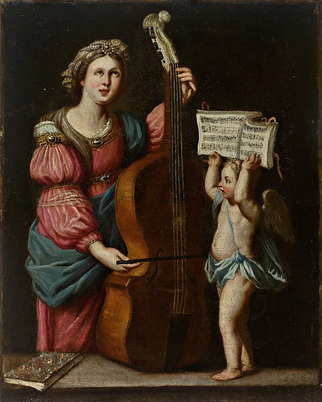 Sainte Cécile avec une contrebasse, un ange ailé tenant la cloison - Bernardo Strozzi image 1 reproduction artisanale de tableau