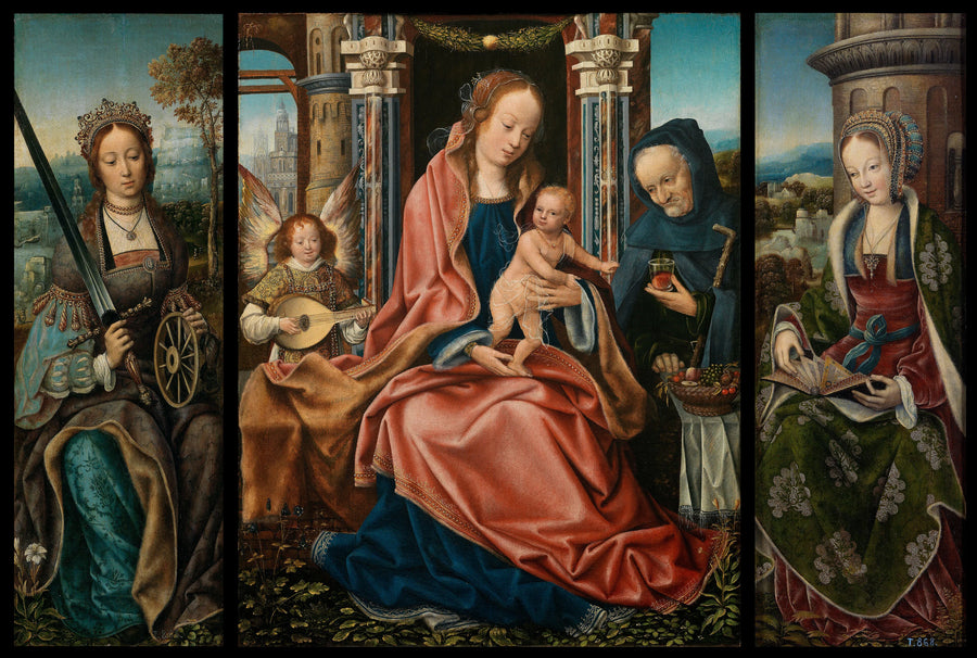 La Sainte Famille avec un ange musicien Saintes Catherine et Barbara - Artiste inconnu