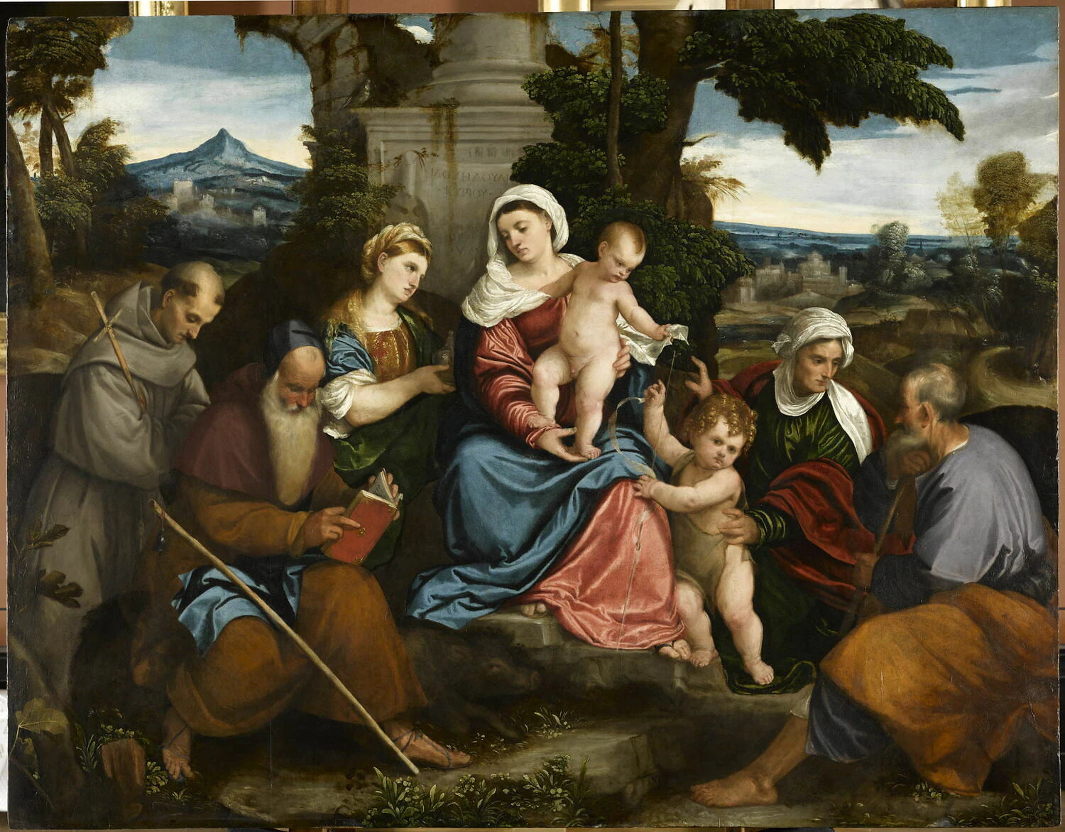 La Sainte Famille avec saint François d'Assise, saint Antoine abbé, sainte Marie-Madeleine, le petit saint Jean Baptiste et sainte Élisabeth - Bonifacio de' Pitati