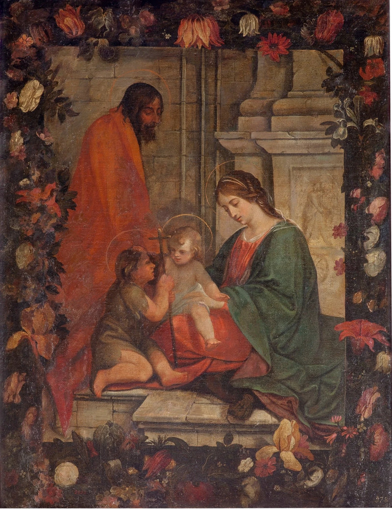Sainte Famille avec Saint Jean dans une guirlande de fleurs - Artiste inconnu