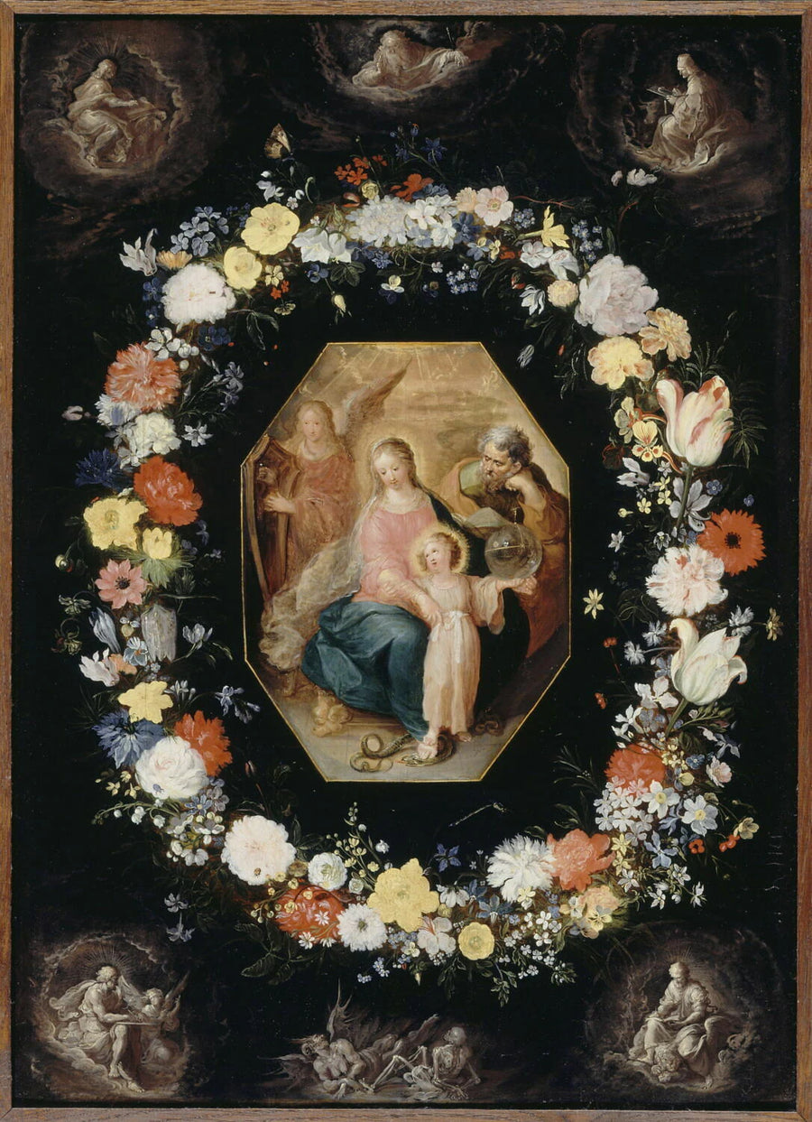 La Sainte Famille entourée d'une guirlande de fleurs, avec les quatre Évangélistes aux angles - Frans II Francken