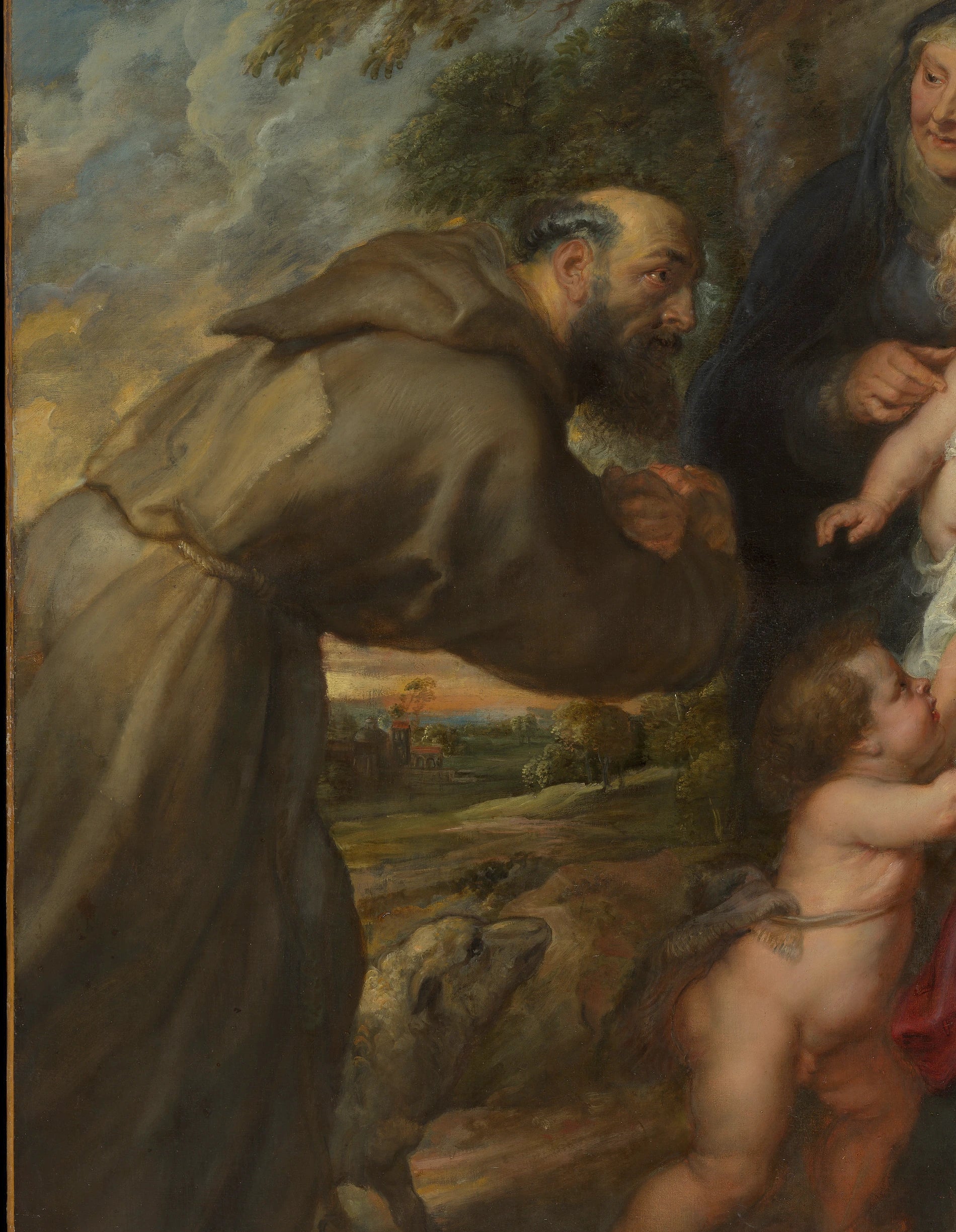 Détail de saint François d’Assise et du paysage dans La Sainte Famille de Rubens